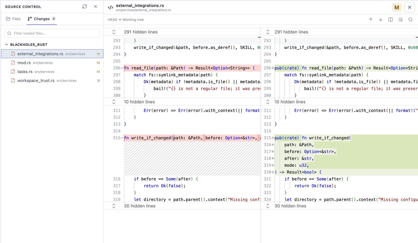 BlackHoles source control showing changed files in the blackholes_rust repository and a side-by-side diff of external_integrations.rs
