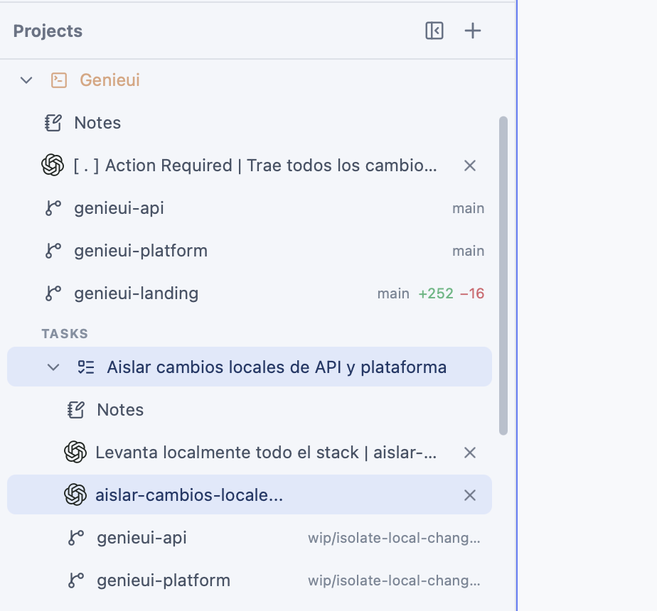 BlackHoles project sidebar showing a Genieui task with its coding agents and separate API and platform repository worktrees